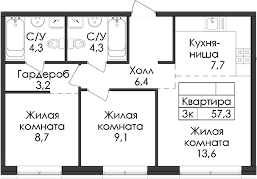 2-комнатная квартира 57.3 м², 1/9 эт., ЖК «Лермонтовский 54»